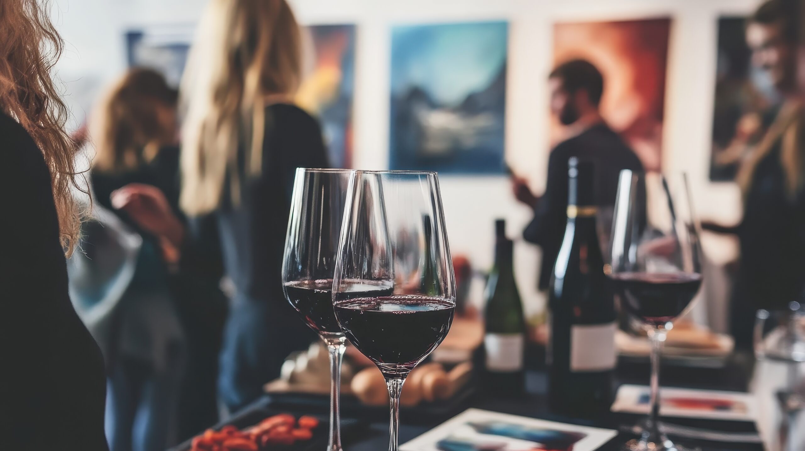Enjoy the vibrant atmosphere of an art festival where artists and collectors connect over fine wines and captivating artworks, fostering creativity and community.